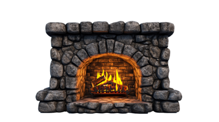 A warm stone fireplace with burning firewood heats the cozy room indoors, isolated on transparent background. PNG