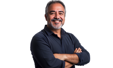 Portrait of a smiling middle-aged Hispanic man with arms crossed, isolated on a transparent background. PNG file