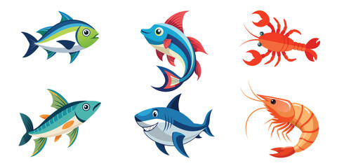 Set of Diffirent Fish Vector Illustration White Background, Bundle of 6 Fishs