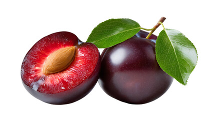 Plum with Half Cut and Leaves - Transparent Background