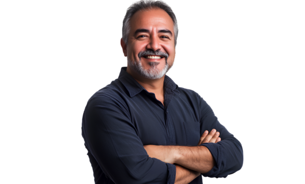 Portrait of a smiling middle-aged Hispanic man with arms crossed, isolated on a transparent background. PNG file
