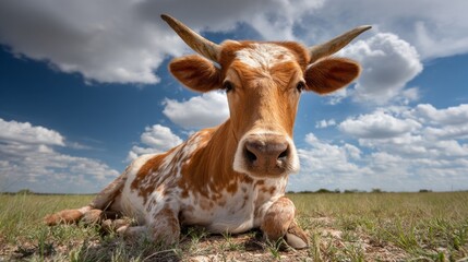 Fototapeta premium A Texas Longhorn cow lies comfortably in a lush green pasture, surrounded by vibrant grass. Fluffy clouds drift above, creating a picturesque backdrop on a sunny day