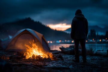 Camper Watching Campfire Near Tent at Dusk by Lake
