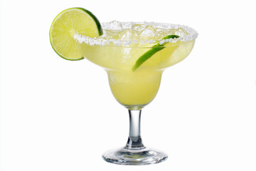 Fototapeta premium Margarita cocktail with lime garnish on ice served in a salt-rimmed glass