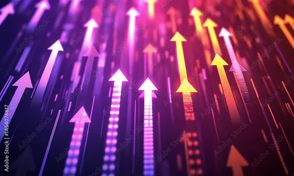 Poster a background of glowing neon arrows moving upward, with a purple and orange color scheme and dynamic