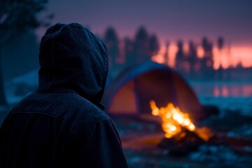 Person by Campfire Watching Tent at Dusk in Snowy Wilderness