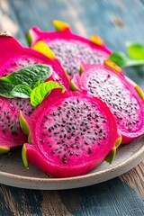 Detailed Close-Up of Fresh Dragon Fruit Slices Arranged on a Rustic Plate on Wooden Table