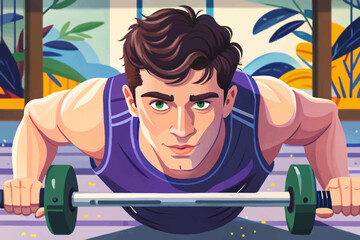 Active man working out in gym with fitness equipment vector, promoting strength, vitality, and healthy aging. Ideal for wellness at any age, senior fitness, and active lifestyle campaigns