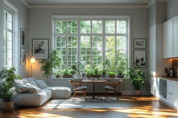 Fototapeta premium Spacious room with large windows and plants.