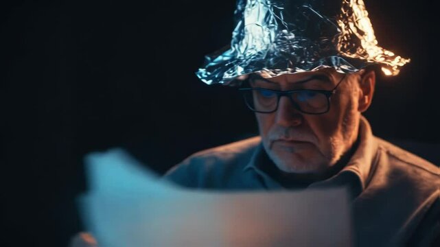Conspiracy theorist reading in foil hat