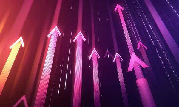  A background of glowing neon arrows moving upward, with a purple and orange color scheme and dynamic lines that create an atmosphere full of energy and movement. The arrow lights glow brightly agains