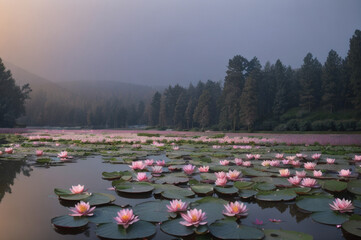 Dense pine grove in among water lilies