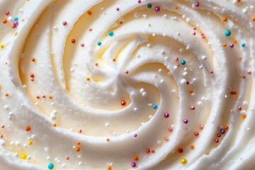 Detailed close up view of whipped cream swirl with vibrant colorful sprinkles on soft background