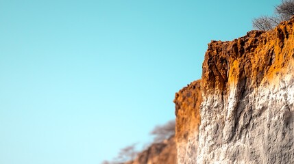 Textured cliff face under clear blue sky in warm light shows earth layers