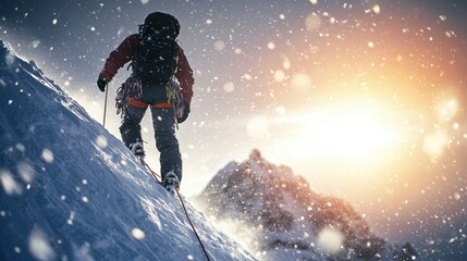Climber ascends steep snowy slope under a glowing sunset in a mountainous landscape