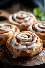 Freshly Baked Cinnamon Rolls with Creamy Icing on a Rustic Wooden Table with Soft Blurry Background
