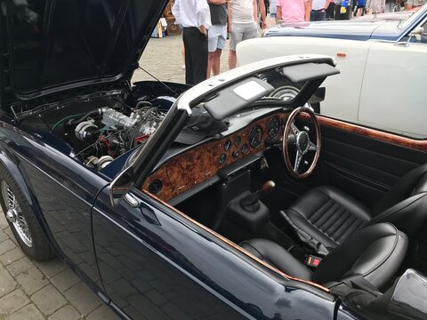  Interior of a Triumph TR6 soft top with the hood open at a classic car show in Boston Lincolnshire, UK. June 23, 2024 