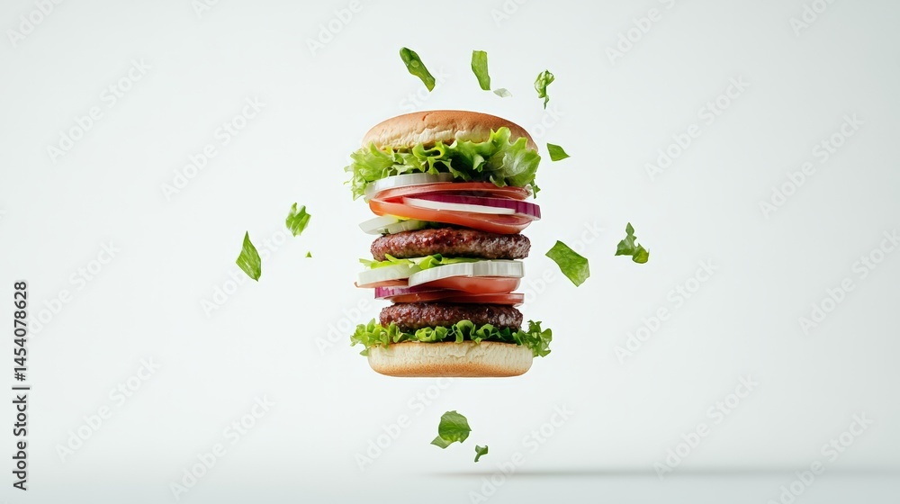Poster double hamburger with meat, cheese, lettuce, tomato, and onion slices is levitating on a white backg