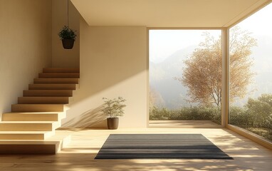 Fototapeta premium Minimalist modern interior featuring natural light and wooden staircase.