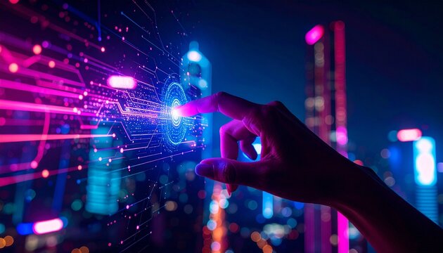 The atmosphere pulses with futuristic energy.  