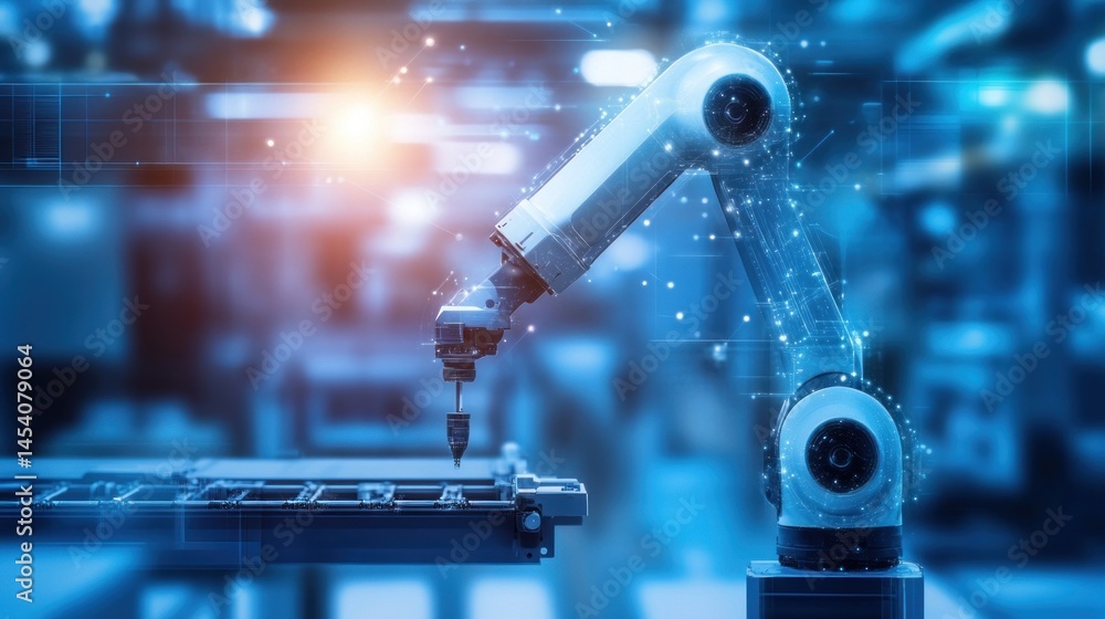 Poster industrial robot arm in a modern manufacturing facility. a robotic arm performs precise tasks in a c