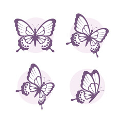 A set of four purple butterflies with simple circle backgrounds. Perfect for icons, logos, stickers, and decorative design.