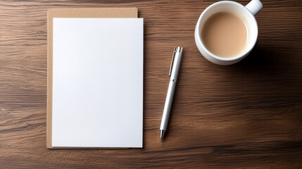 A cozy workspace featuring a notebook, pen, and a cup of coffee on a wooden table.