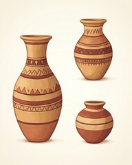 Artistic pottery with tribal patterns and shapes.