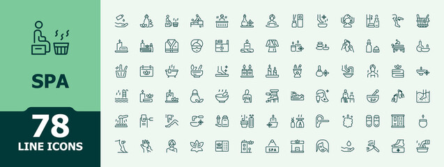 Spa icon set in linear style. Minimal thin line web icons set. Pictograms of sauna, skin, beauty, salon, care, massage. Vector illustration in modern line style. Wellness modern icon set.