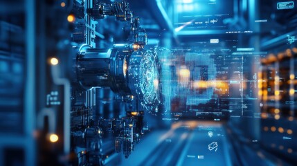 Futuristic technological machinery with overlaid data