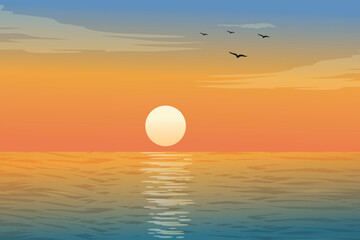 Silhouette Landscape of Scenic Sunrise in Ocean With Flying Birds, Paradise Beach Sunrise, Calm Ocean Waves