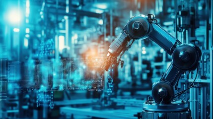 Obraz premium Industrial robot arm in a modern factory setting. Sophisticated automation in action
