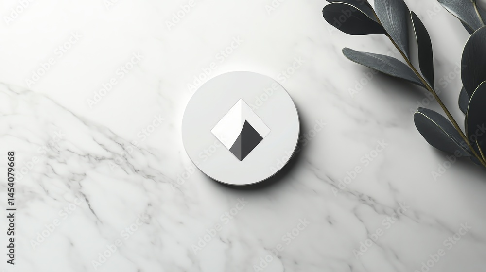 Poster photograph of a white circular object with a geometric pattern atop a marble surface, accented by eu