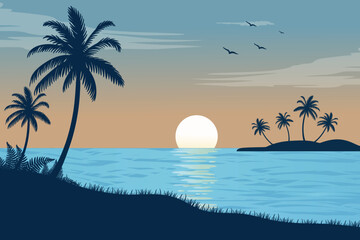 Fototapeta premium Silhouette Landscape of Scenic Sunrise in Ocean With Flying Birds, Paradise Beach Sunrise, Palm Tree And Calm Ocean Waves