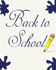 Realistic template Sheet Notebook Lined Paper for school subjects Back to School Funny Pencil character blue blots vector illustration isolated on transparent background