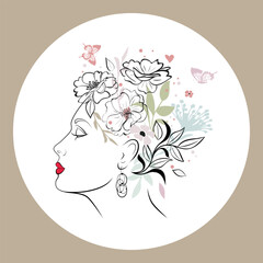 Profile of a woman's face, hairstyle of flowers, leaves, butterflies, heart. Concept for a beauty salon, hairdresser, fashion, cosmetics. Highlight for stories