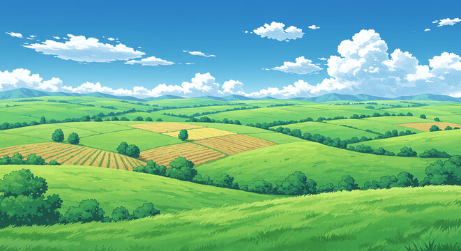 Rolling Green Hills with Fluffy Clouds