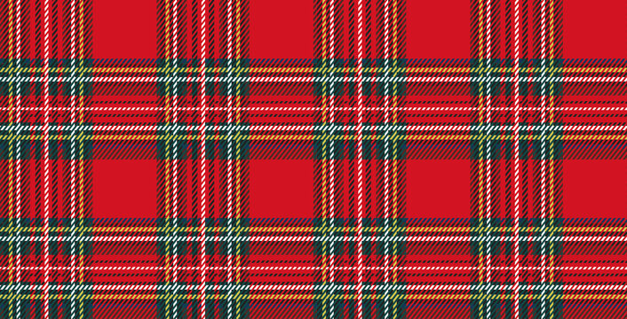 Red and green tartan plaid pattern vector illustration. Scottish traditional design with red, yellow, white lines for fabric print, dark red background.