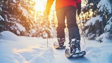 雪の中でスノーシューを履いてハイキング