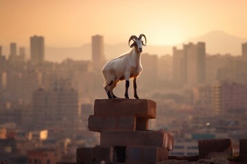 Goat Standing Tall Overlooking the City During Golden Hour Light