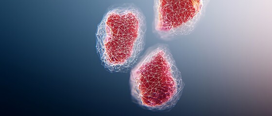 Three red, abstract shapes enclosed in web-like structures on a gradient backdrop