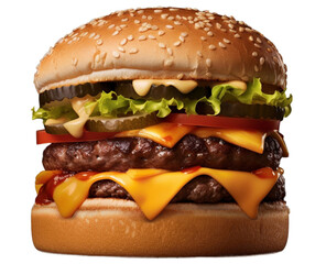 a potrait burger sandwich double cheese and smoked patty beef grill with pickles sliced tomatoes vegetable on transparent background photo photography ai generate