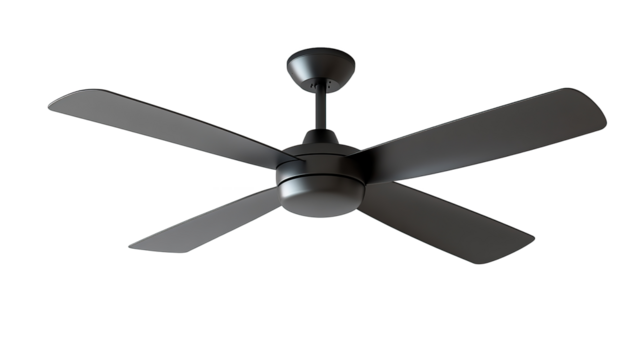 Black ceiling fan with sleek modern blades, isolated on transparent background. PNG
