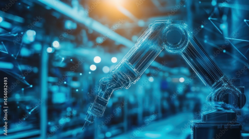 Poster industrial robotic arm in a modern factory setting