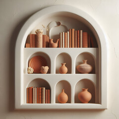 Terracotta Bookshelf with Decorative Pottery and Books