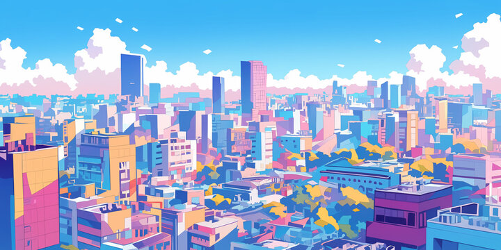 マゼンタとシアンに染まる都市のビル群と空・未来的な街並みと空を幻想的に描いたハイセンスな風景イラスト・高画質・デジタルアート