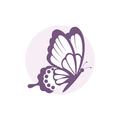 Stylized purple butterfly in profile view. Clean vector illustration with raised wings, great for logos, cards, decor, and nature-themed designs.