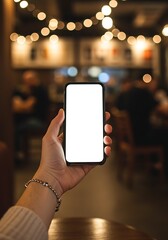 Woman Holding Smartphone with Blank Screen in a Cozy Cafe