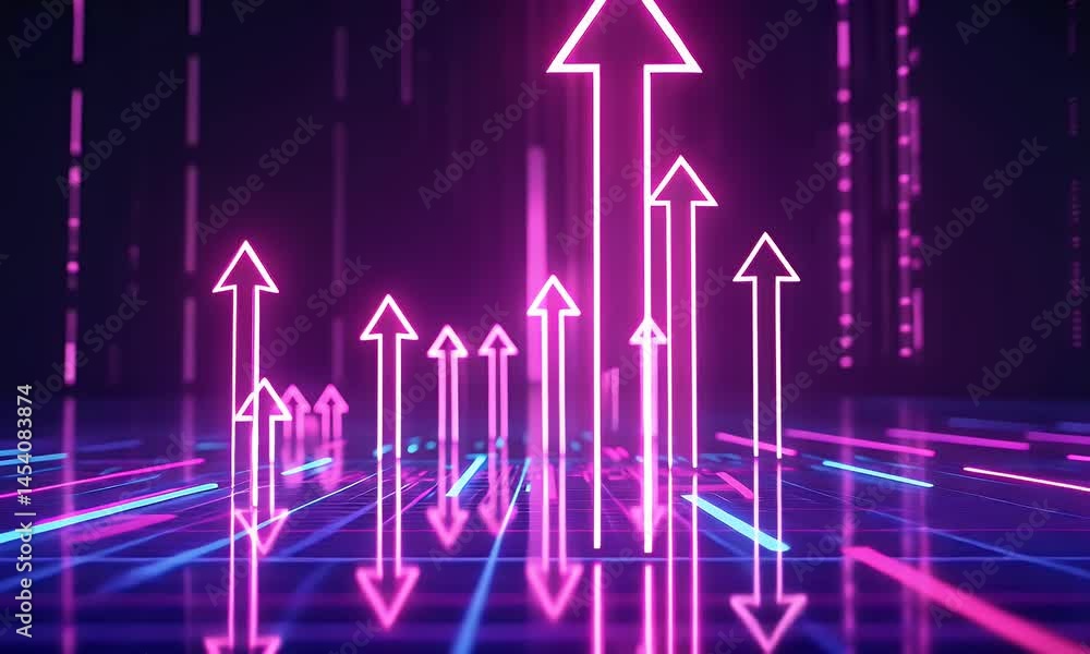 Poster a digital background with neon arrows pointing upwards, representing growth and progress in technolo