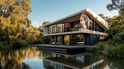 Obraz premium Modern house on a lake, surrounded by trees and nature.